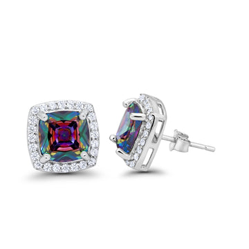 Halo Cushion Bridal Earrings Simulated Rainbow CZ 925 Sterling Silver
